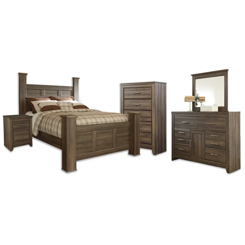 Juararo Queen Poster Bed, Dresser, Mirror, Chest and Nightstand