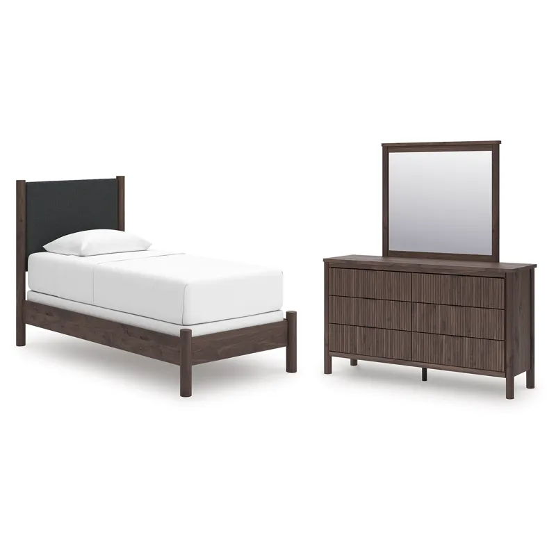 Pamytta Twin Upholstered Panel Bed, Dresser and Mirror