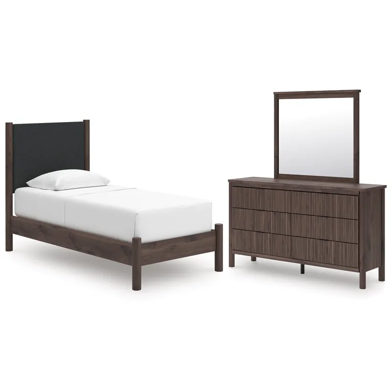 Pamytta Twin Upholstered Platform Bed, Dresser and Mirror