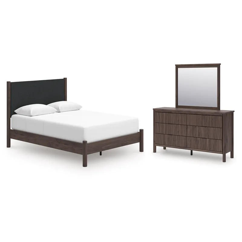 Pamytta Queen Upholstered Platform Bed, Dresser and Mirror