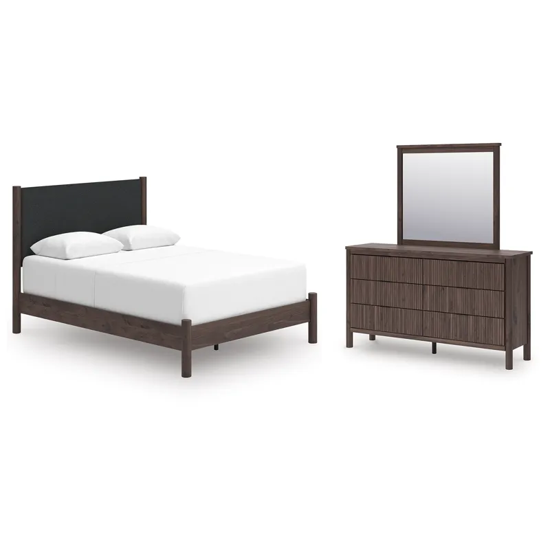 Pamytta Queen Upholstered Panel Bed, Dresser and Mirror