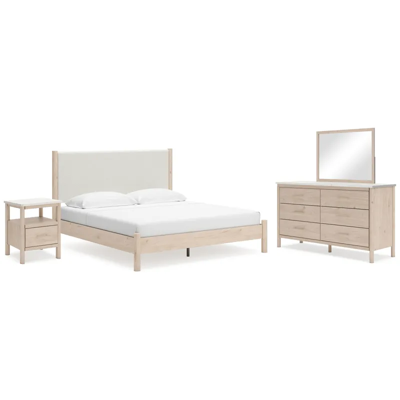 Cadmori King Upholstered Panel Bed, Dresser, Mirror and Nightstand