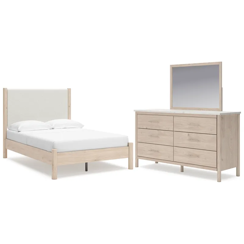 Cadmori Full Upholstered Panel Bed, Dresser and Mirror