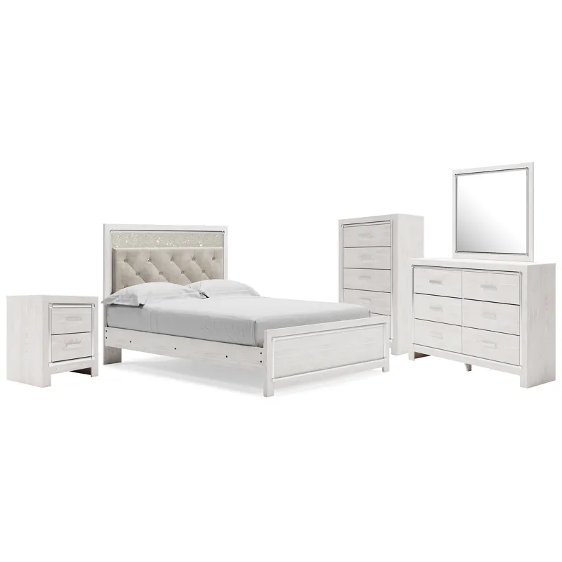 Altyra Queen Upholstered Panel Bed, Dresser, Mirror, Chest and Nightstand