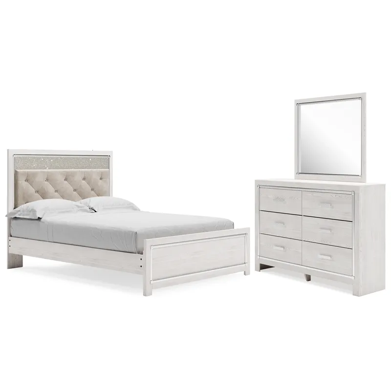 Altyra Queen Upholstered Panel Bed, Dresser and Mirror