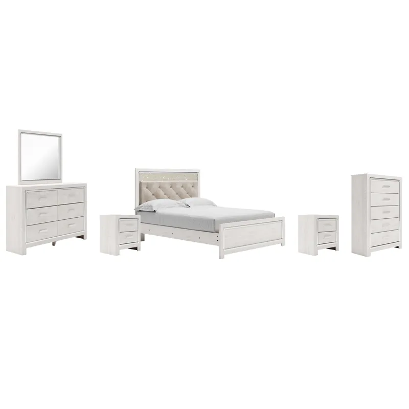 Altyra Queen Upholstered Panel Bed, Dresser, Mirror, Chest and 2 Nightstands