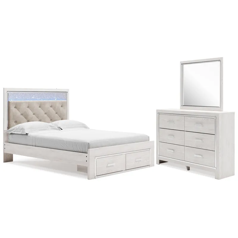 Altyra Queen Upholstered Panel Storage Bed, Dresser and Mirror