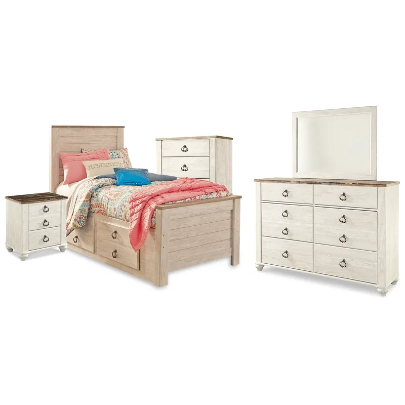 Willowton Twin Bed with Storage, Dresser, Mirror, Chest and Nightstand