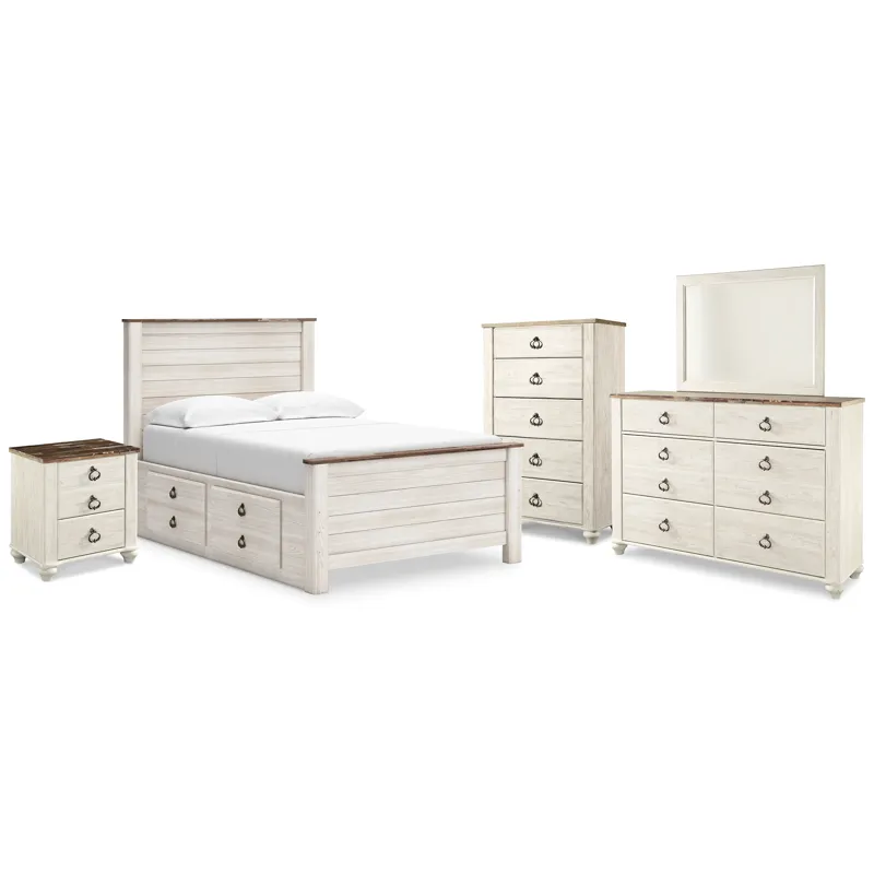 Willowton Full Panel Bed with storage, Dresser, Mirror, Chest and Nightstand
