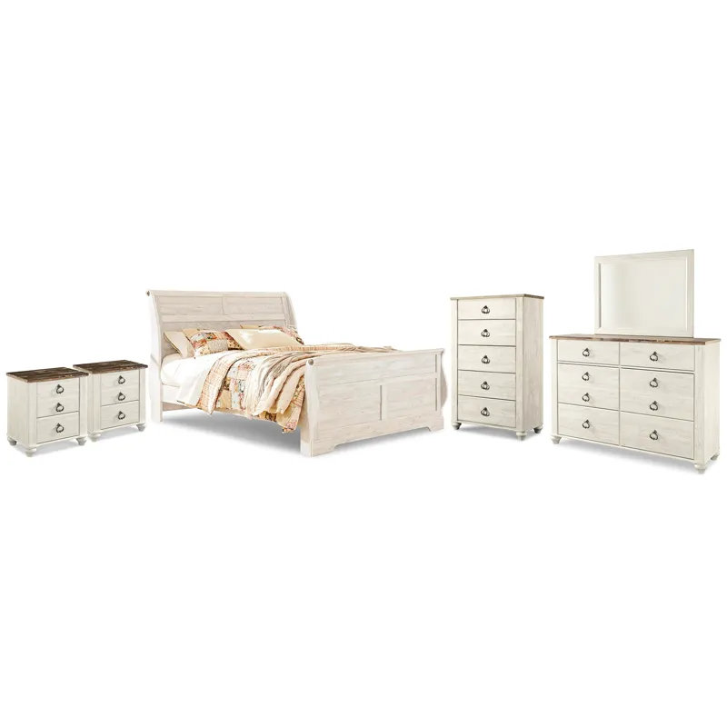 Willowton King Sleigh Bed, Dresser, Mirror, Chest and 2 Nightstands