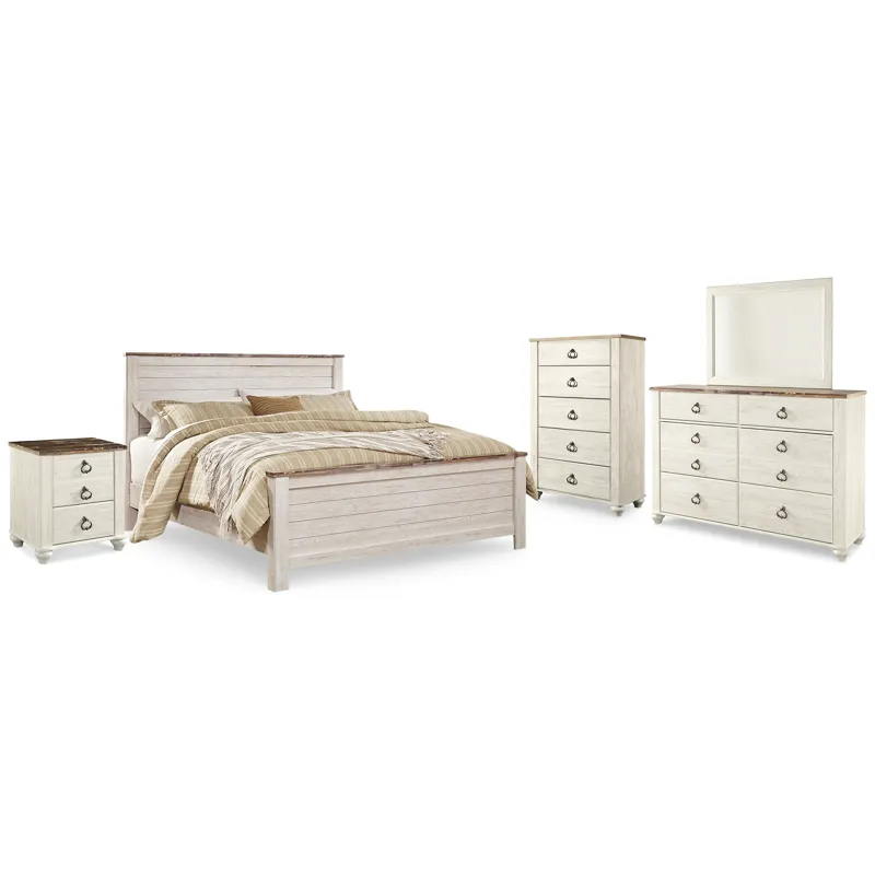 Willowton King Panel Bed, Dresser, Mirror, Chest and Nightstand