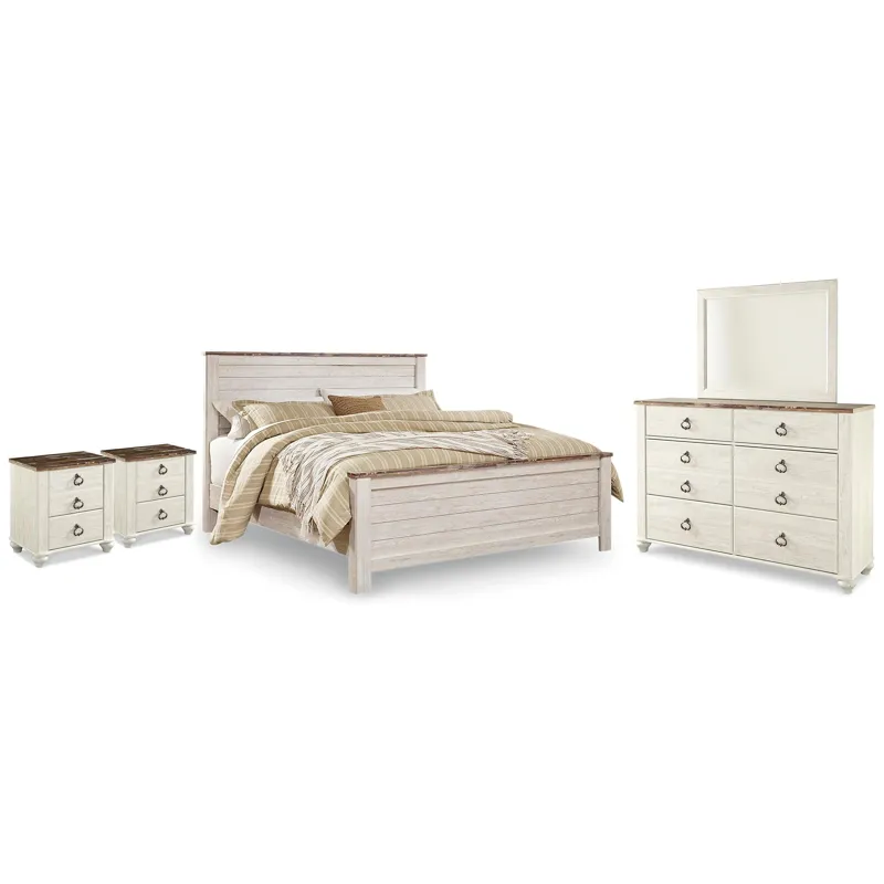 Willowton King Panel Bed, Dresser, Mirror and 2 Nightstands