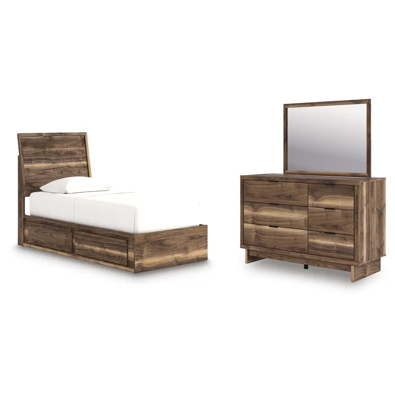 Chirason Twin Panel Bed with Storage, Dresser and Mirror