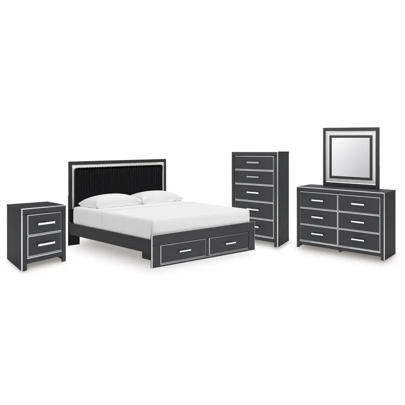 Birmonton King Storage Bed, Dresser, Mirror, Chest and Nightstand