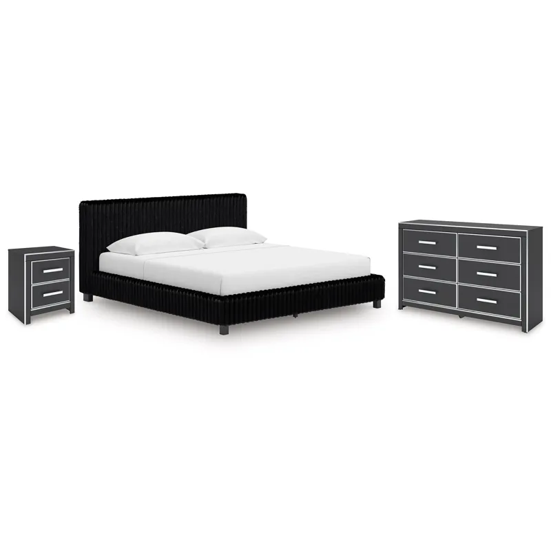 Birmonton King Upholstered Bed, Dresser and Nightstand