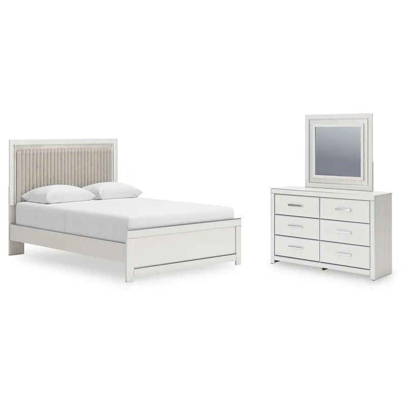 Zuraleus Queen Upholstered Panel Platform Bed, Dresser and Mirror