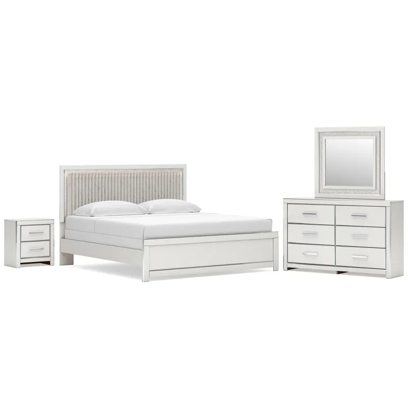 Birmonton King Upholstered Panel Bed, Dresser, Mirror and Nightstand