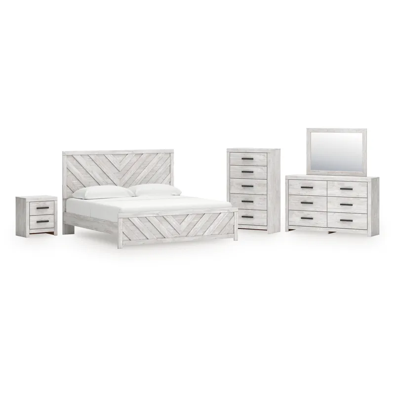 Cayboni King Panel Bed, Dresser, Mirror, Chest and Nightstand
