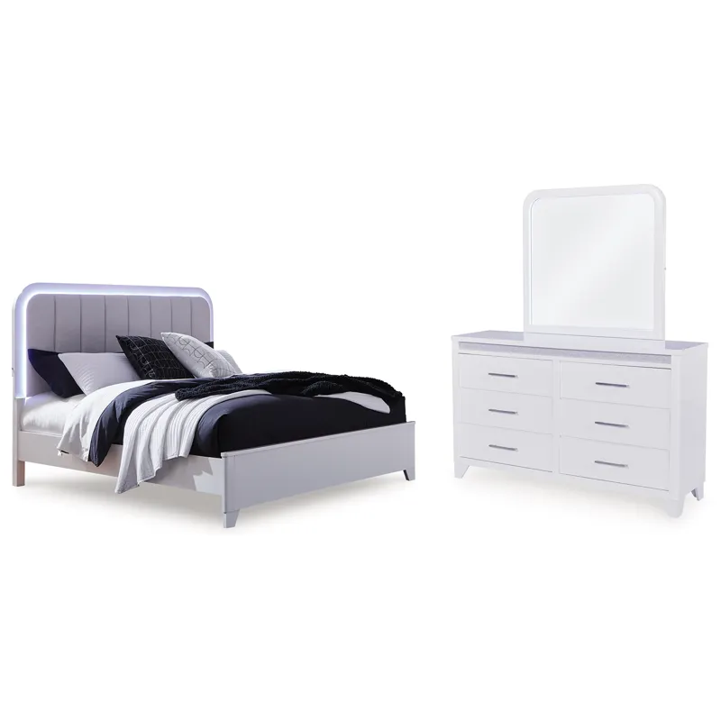 Jarlee Queen Upholstered Panel Bed, Dresser and Mirror