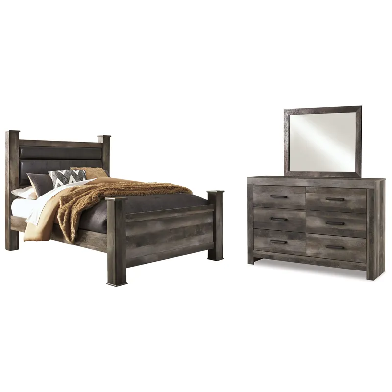 Wynnlow Queen Upholstered Poster Bed, Dresser and Mirror