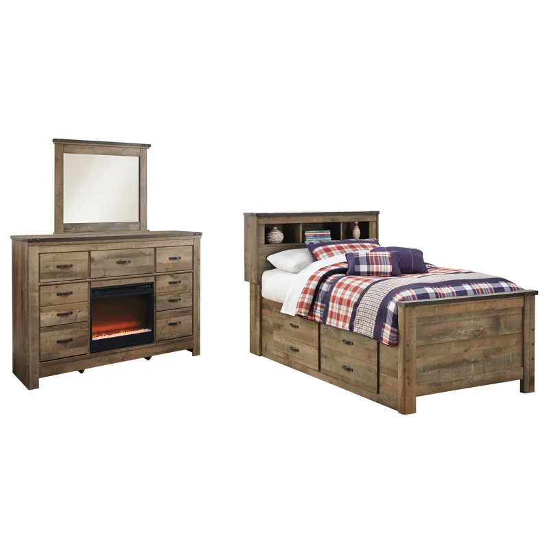 Trinell Twin Bookcase Bed with Storage with Mirrored Dresser