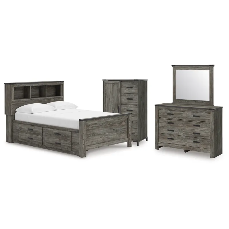 Frandern Full Bookcase Panel Bed with Storage, Dresser, Mirror and Chest