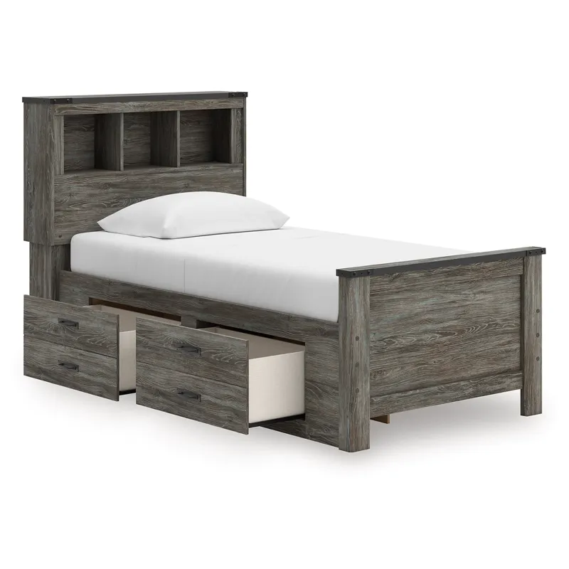 Frandern Twin Bookcase Bed with Storage, Dresser and Mirror