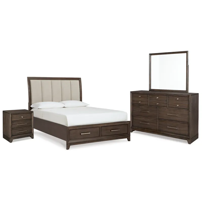 Brueban Queen Upholstered Panel Storge Bed, Dresser, Mirror and Nightstand