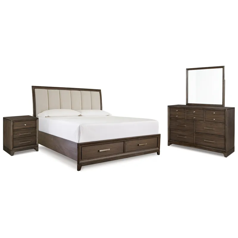 Brueban King Upholstered Panel Storage Bed, Dresser, Mirror and Nightstand
