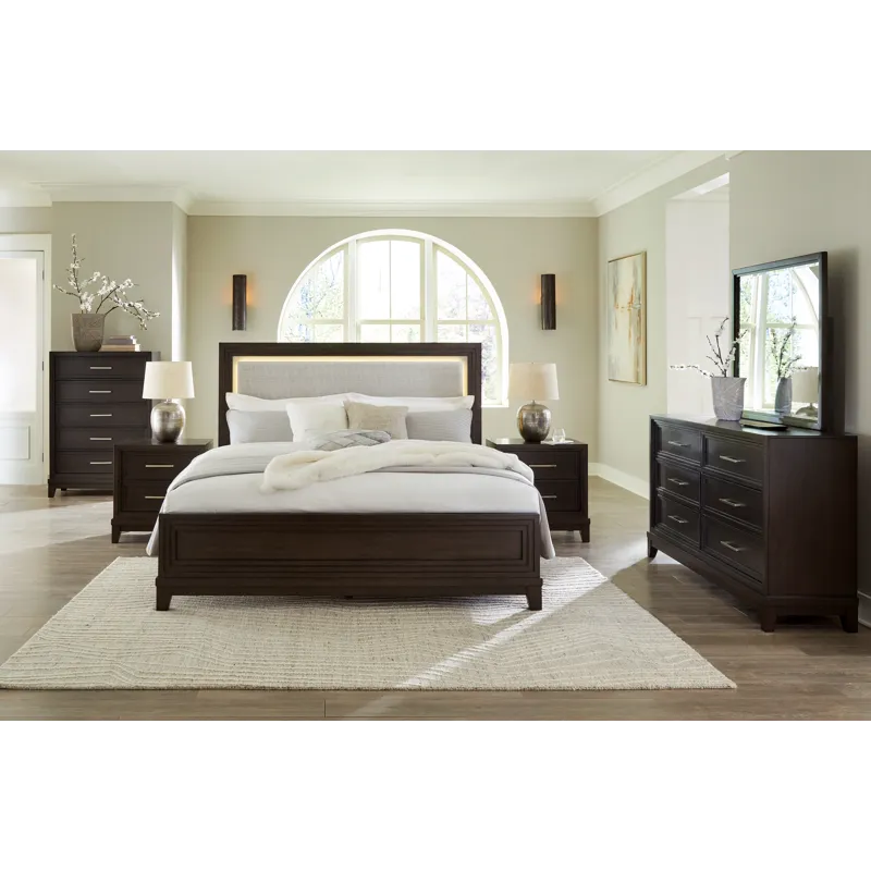 Neymorton California King Upholstered Panel Bed, Dresser and Mirror