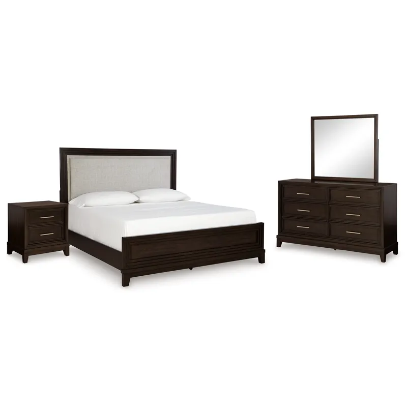 Neymorton Queen Upholstered Panel Bed, Dresser, Mirror and Nightstand