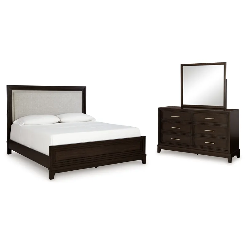 Neymorton California King Upholstered Panel Bed, Dresser and Mirror
