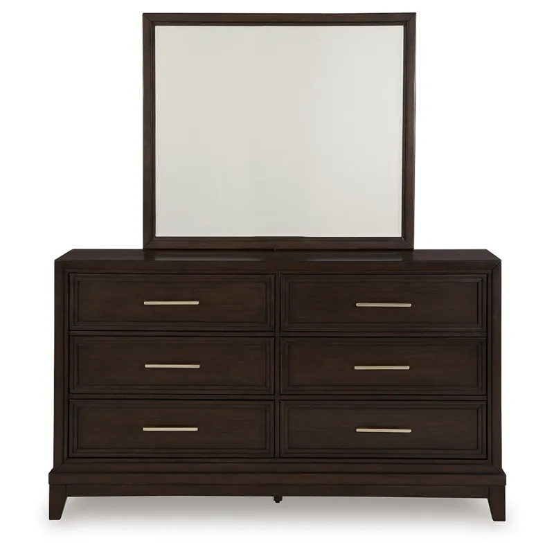 Neymorton California King Upholstered Panel Bed, Dresser and Mirror
