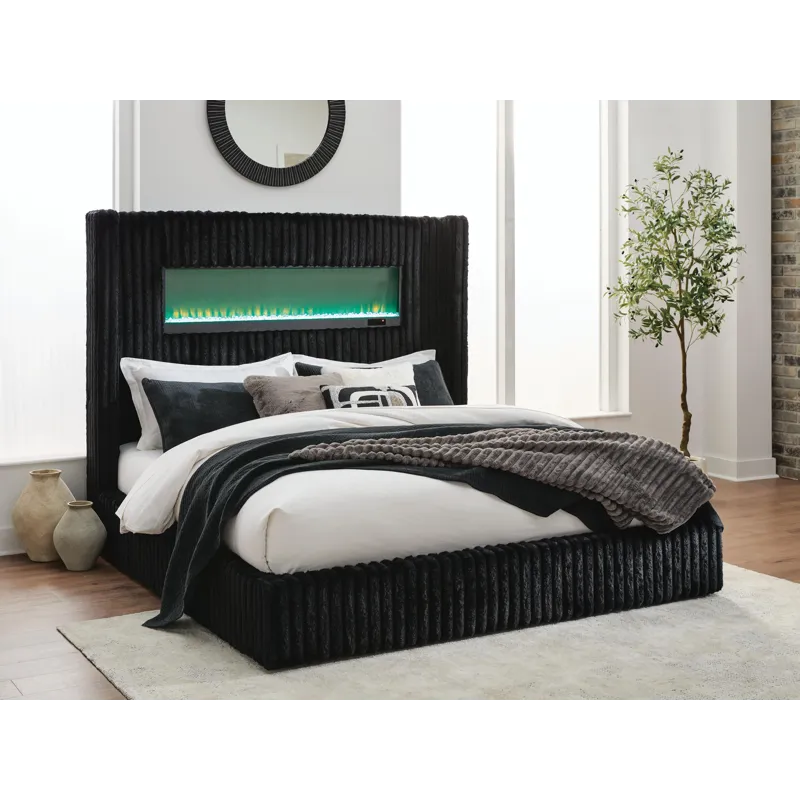 Agrander King Upholstered Bed with Fireplace and Wireless Audio