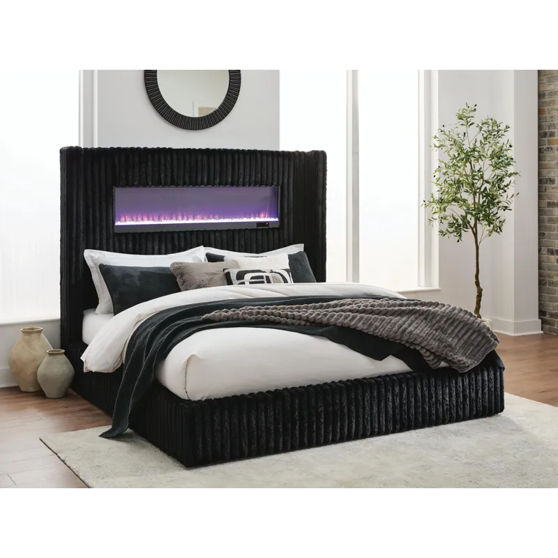 Agrander King Upholstered Bed with Fireplace and Wireless Audio