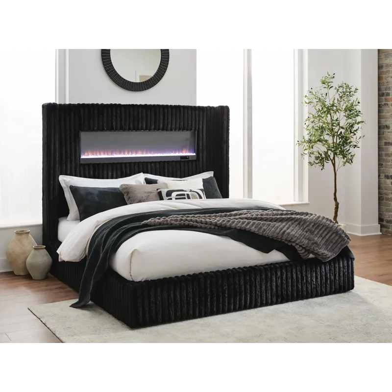 Agrander King Upholstered Bed with Fireplace and Wireless Audio