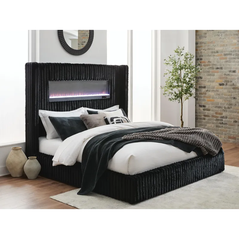 Agrander King Upholstered Bed with Fireplace and Wireless Audio