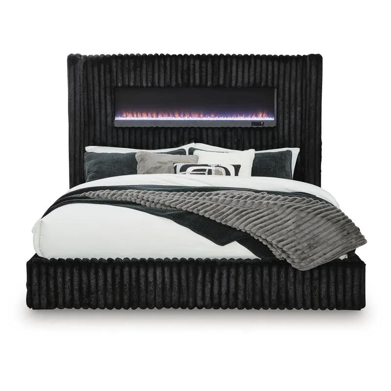 Agrander King Upholstered Bed with Fireplace and Wireless Audio