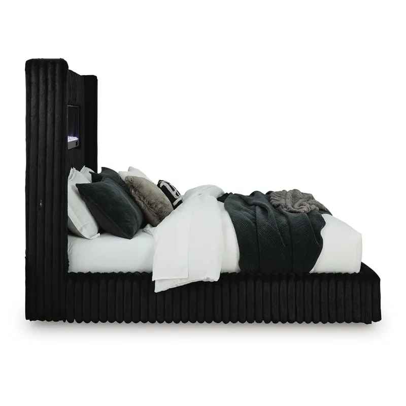 Agrander King Upholstered Bed with Fireplace and Wireless Audio