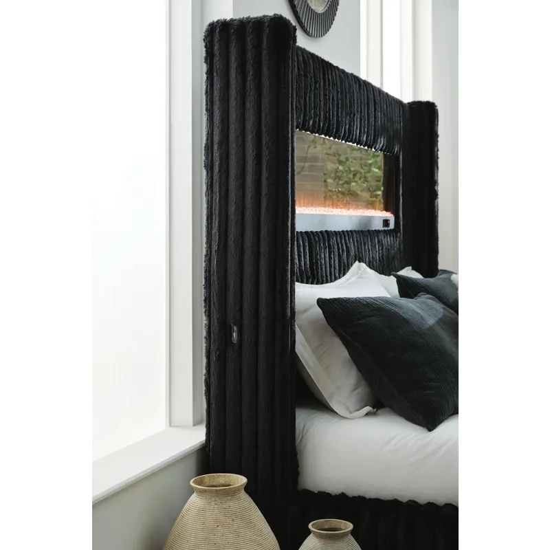 Agrander King Upholstered Bed with Fireplace and Wireless Audio