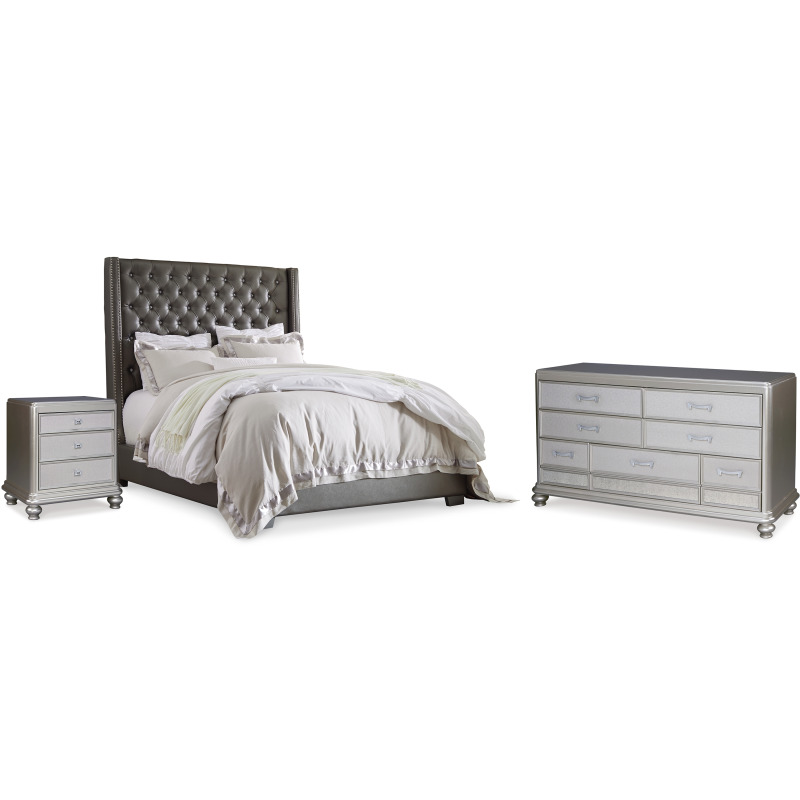 Coralayne Queen Upholstered Panel Bed, Dresser and Nightstand