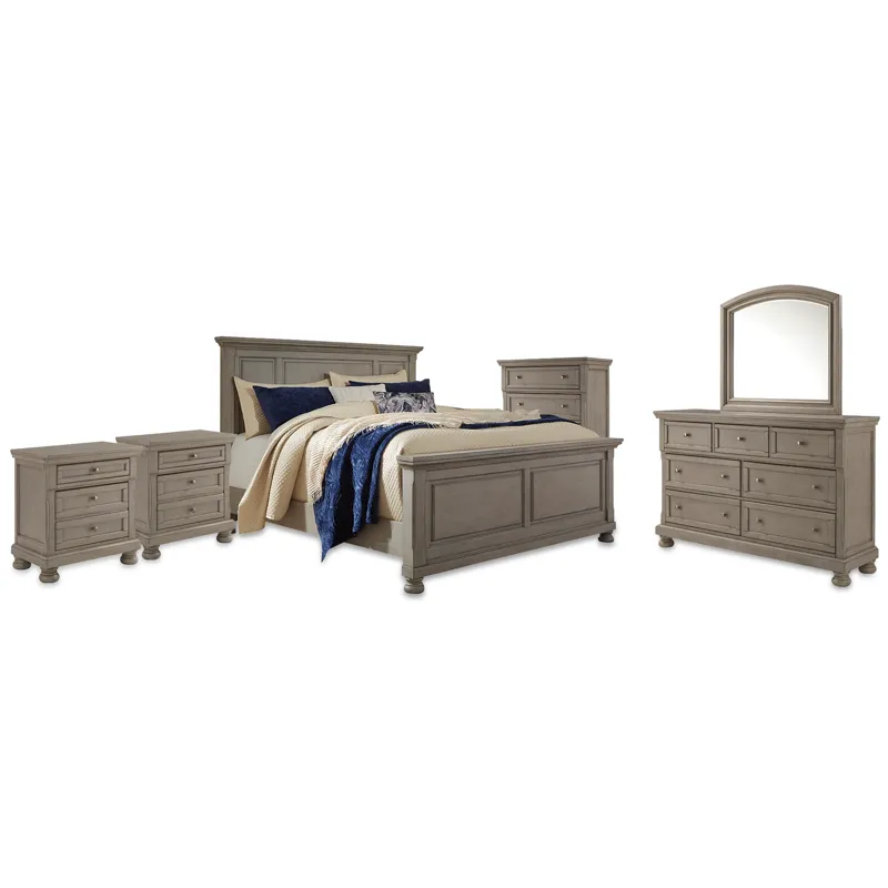 Lettner King Panel Bed, Dresser, Mirror, Chest and 2 Nightstands
