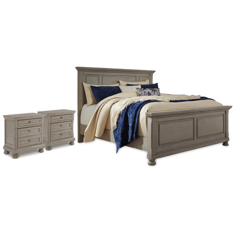Lettner California King Panel Bed and 2 Nightstands