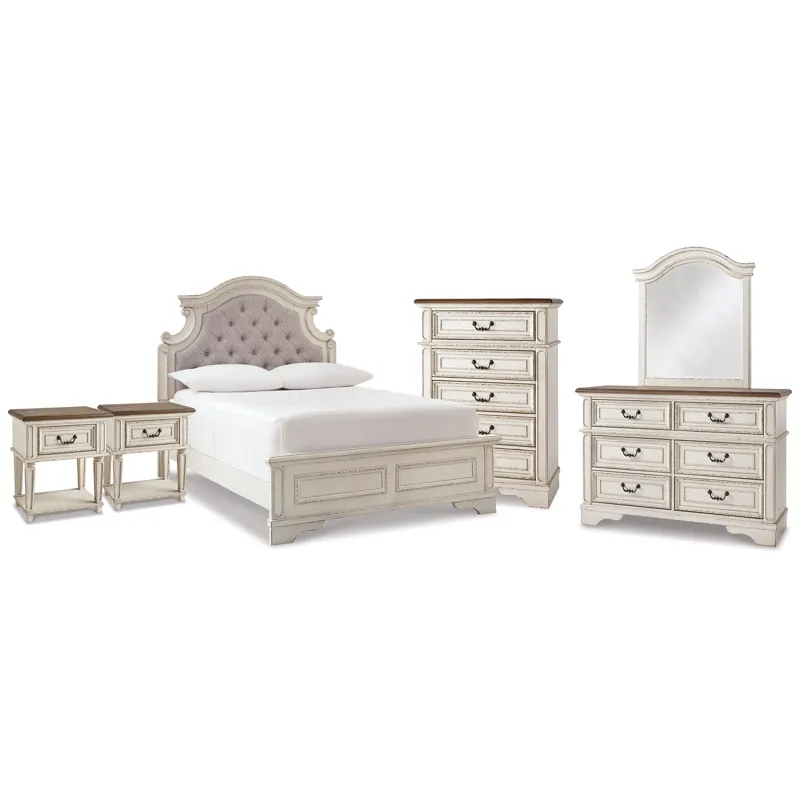 Realyn Full Upholstered Panel Bed, Dresser, Mirror, Chest and 2 Nightstands