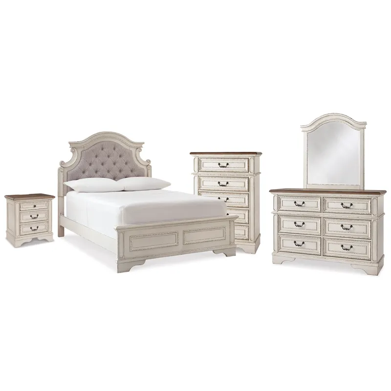 Realyn Full Panel Bed, Dresser, Mirror, Chest and Nightstand