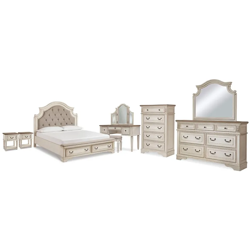 Realyn King Storage Bed, Dresser, Mirror, Chest, Vanity with Stool and 2 Nightstands