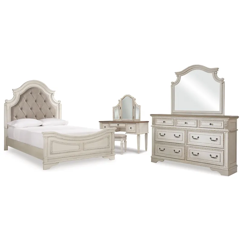 Realyn Queen Panel Bed, Dresser, Mirror and Vanity