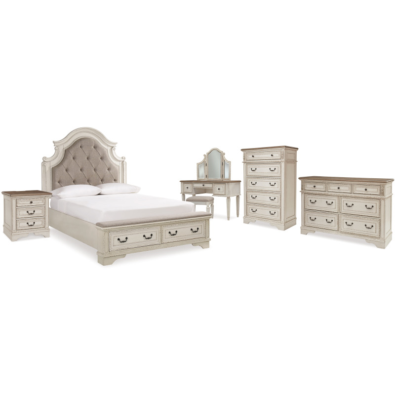 Realyn Queen Upholstery Panel Bed, Dresser, Chest, Nightstand, and
