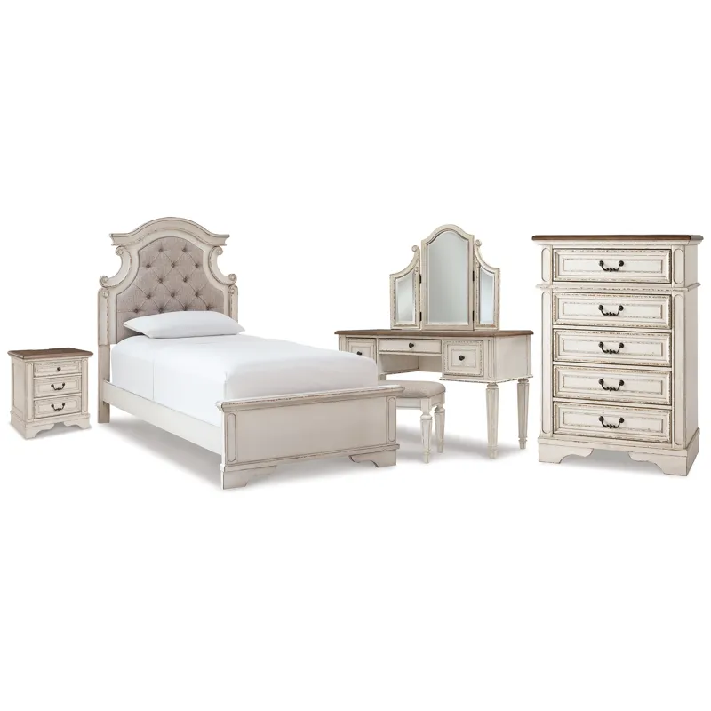 Realyn Twin Upholstered Panel Bed, Chest, Vanity and Nightstand
