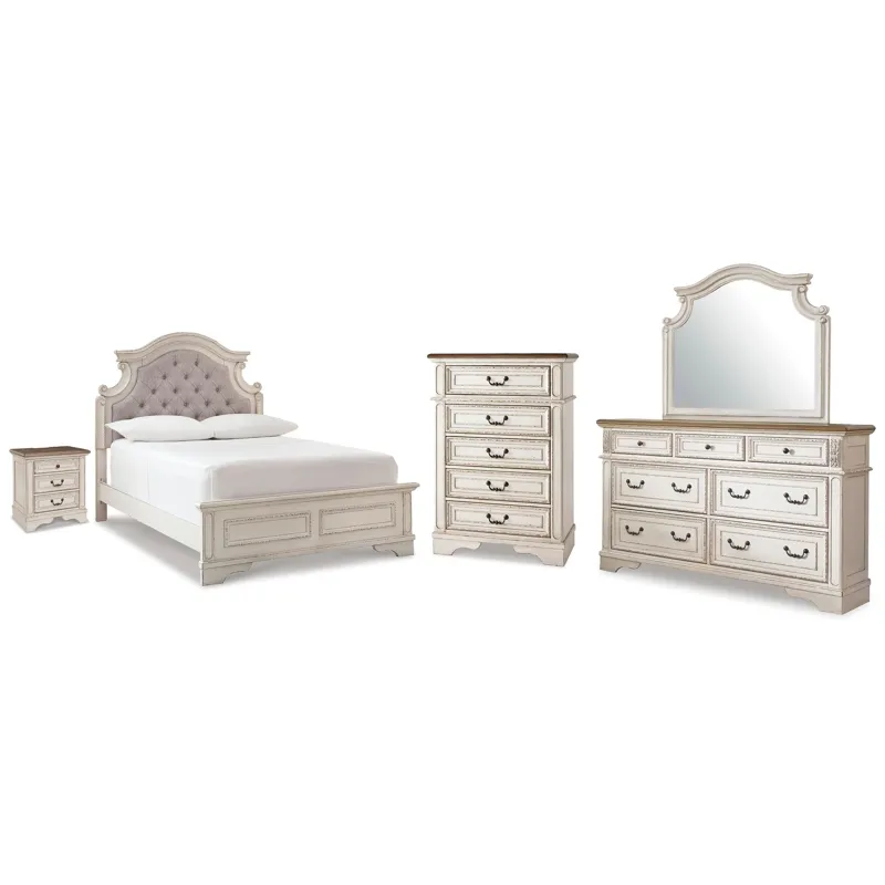 Realyn Full Upholstered Panel Bed, Dresser, Mirror, Chest and Nightstand